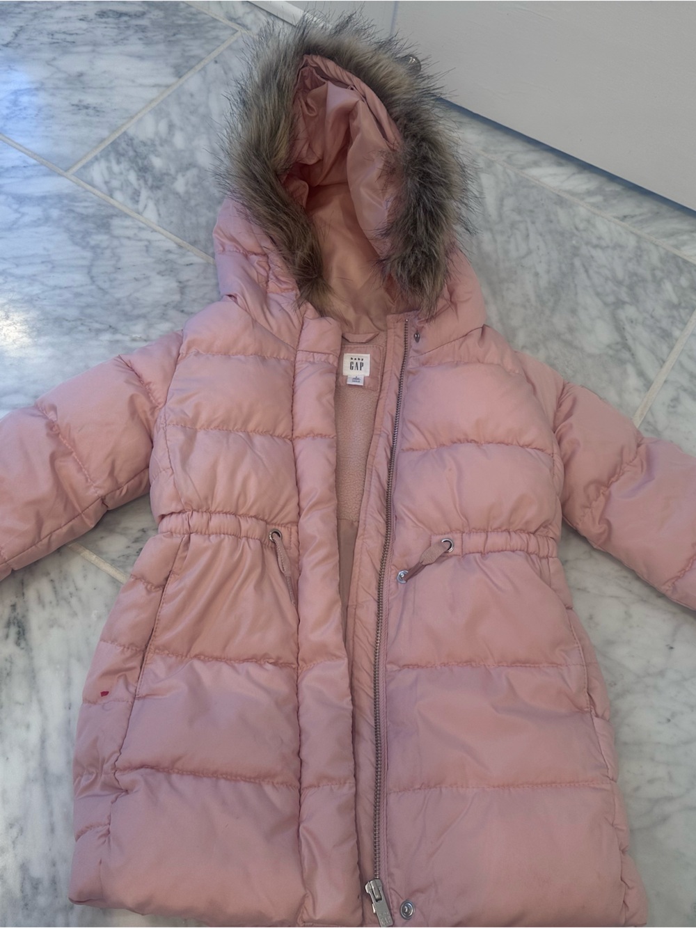 GAP Pink Quilted Hooded Puffer Coat with Faux Fur Trim